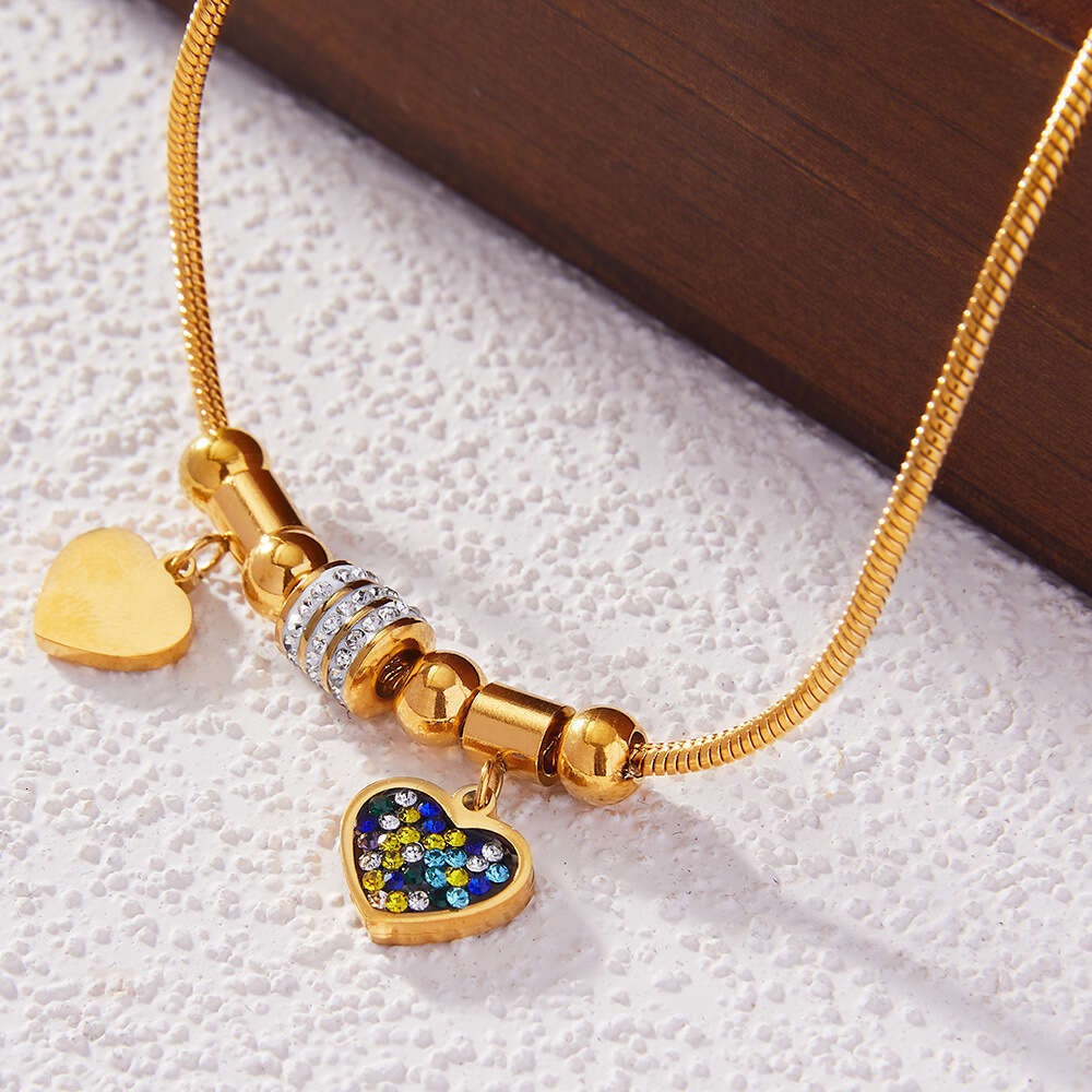 Ins style geometric dia inlaid heart-shaped bracelet, versatile and adjustable design, stainless steel gold-plated jewelry