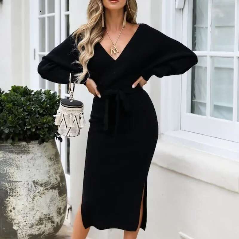 European And American Style Deep V-Neck Long-Sleeved Knitted Dress, Feminine Side Slit Hip-Hing Skirt