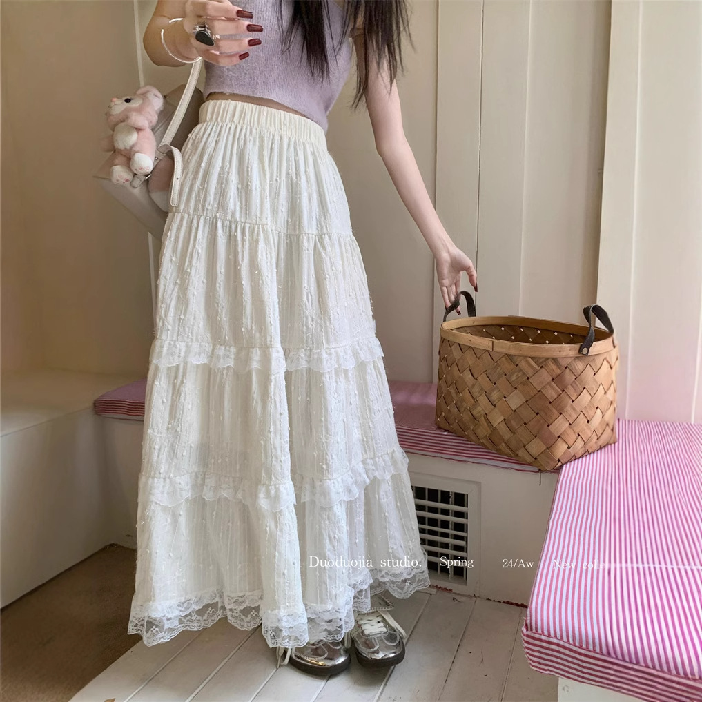 X4150 Spring new design lace cake skirt women's high waist slim splicing sweet all-match long skirt women
