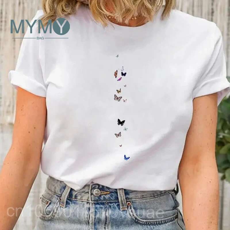 Butterfly Trend Cute 90S Short Sleeve T-Shirt Women Plus Size Clothing Girls Top Tee Female O-Neck Casual White Printed T Shirt
