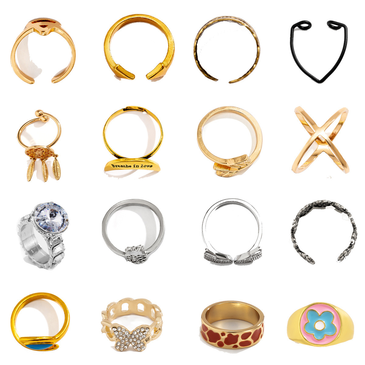 fashion Turquoise Flower Index Finger Set Joint Cold Wind Star Moon Leaf Water Diamond Ring Woman
