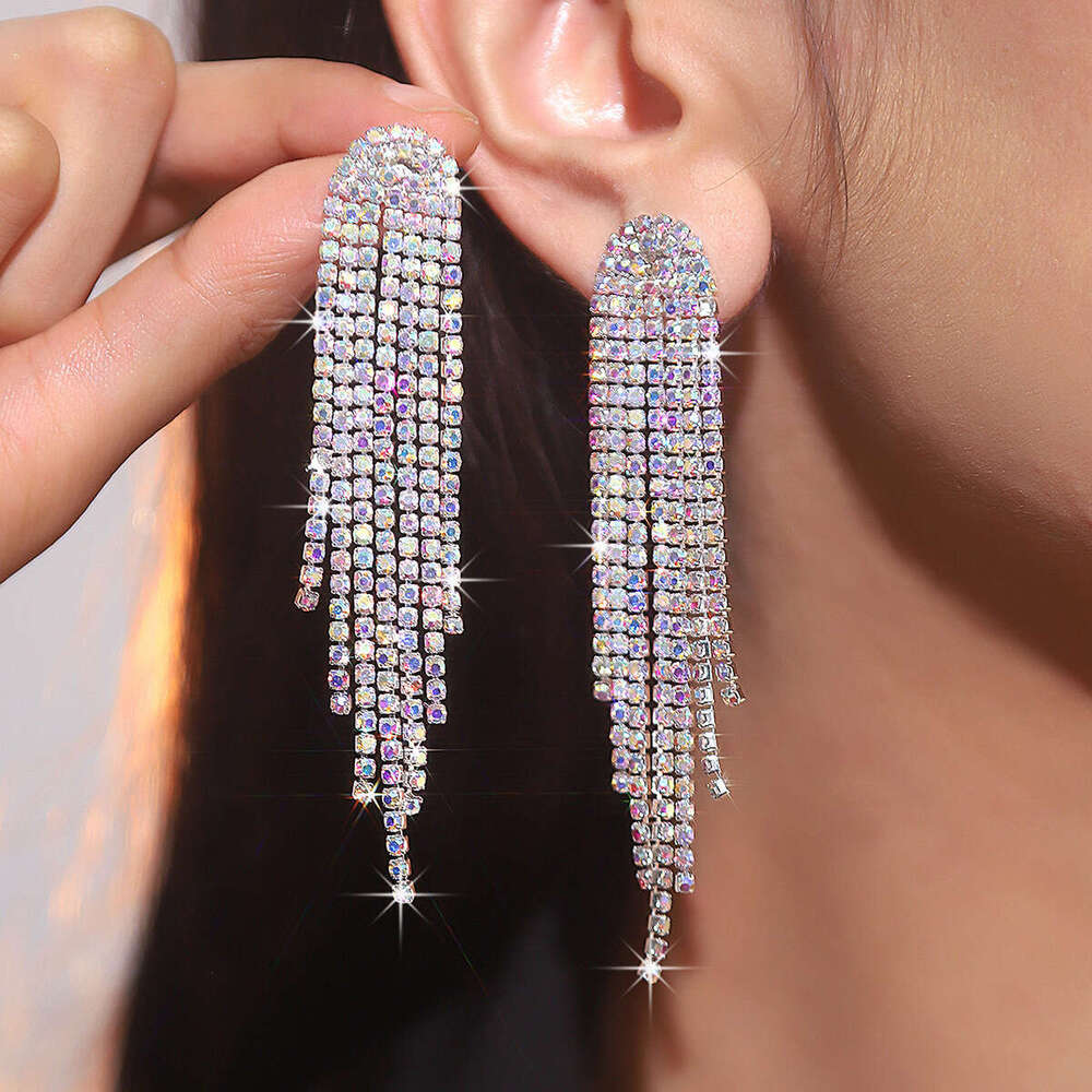 with a urious sparkg AB rhie long tassel women's fashionable temperament, earrings, and earrings