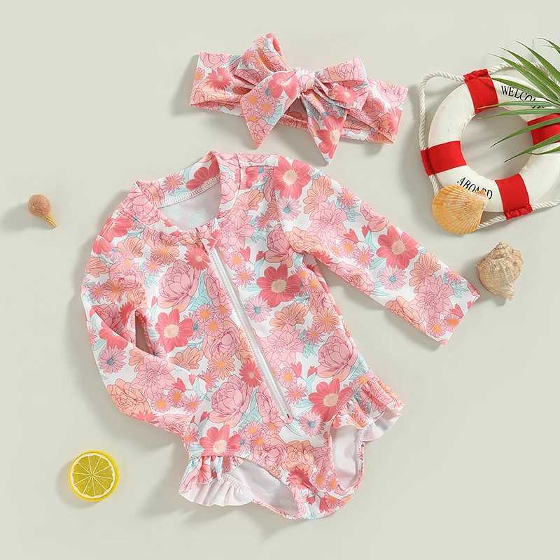 Yiiciovy Baby Kids Girls Rash Guard Swimsuit Flamingo/Flower Print Zipper Long Sleeve Sun Protection Bathing Suit + Headwear Z250214