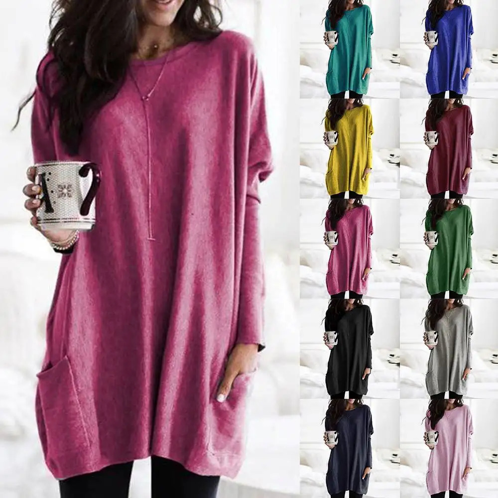 Womens Long Sleeve Pocket Tunic Tops Blouse Ladies Casual Loose Jumper Pullover Plus Size Clothing For Female 250211
