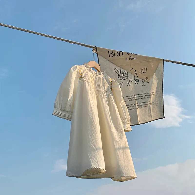 UNITIM Kids Girls Dress Ruched Stand Up Collar Embroidered Baby Girls Dress Sweet Korean Lace Childrens Girls Princess Dress Z250214