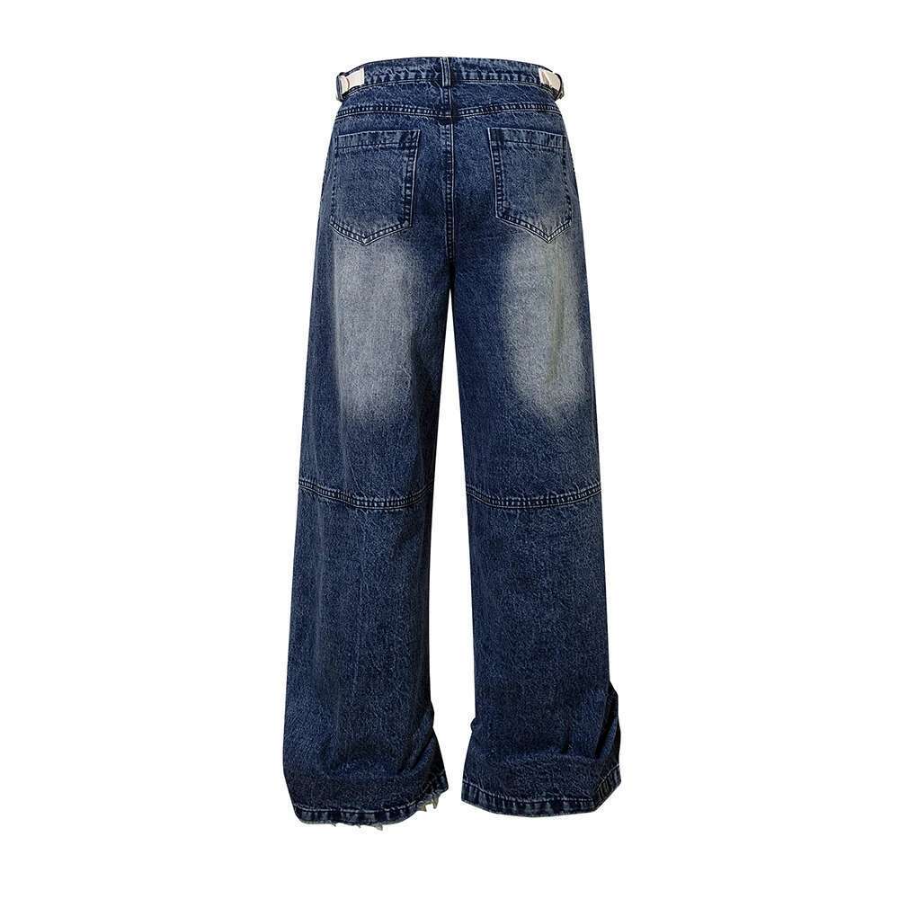 Haruku Washed Vintage Blue Baggy Jeans For Men And Women Straight Ropa Hombre Knee Pleated Denim Trousers Oversize Cargo Pants