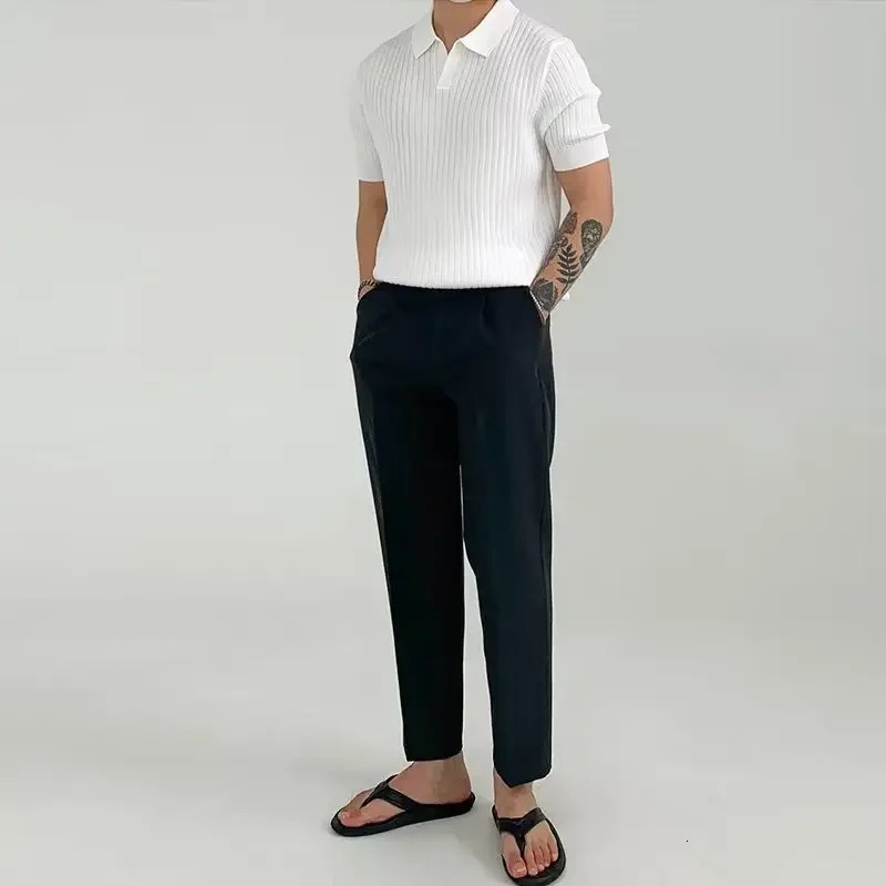 Fashion Knit Solid Color Mens Polo Shirt Slim Short Sleeve Turn-down Collar Ribbed Polo Tee Summer Men Clothes Casual Tops 250208
