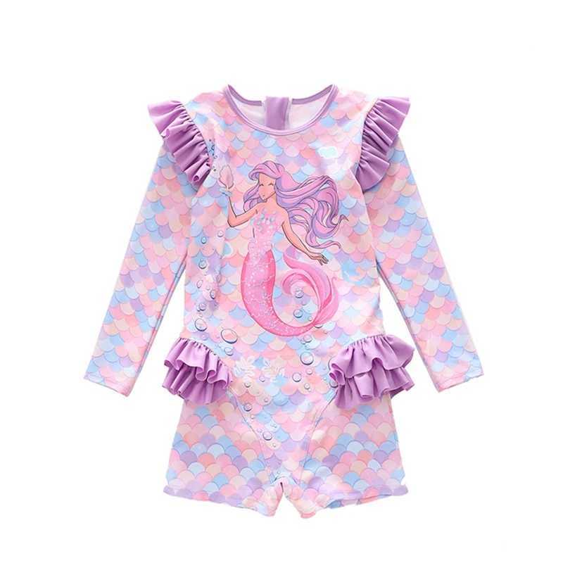 2-9 Years Children Girls Swimsuit Mermaid Printed Sun Protection Long Sleeve Swimwear Princess Girls Beachwear Holiday Z250214