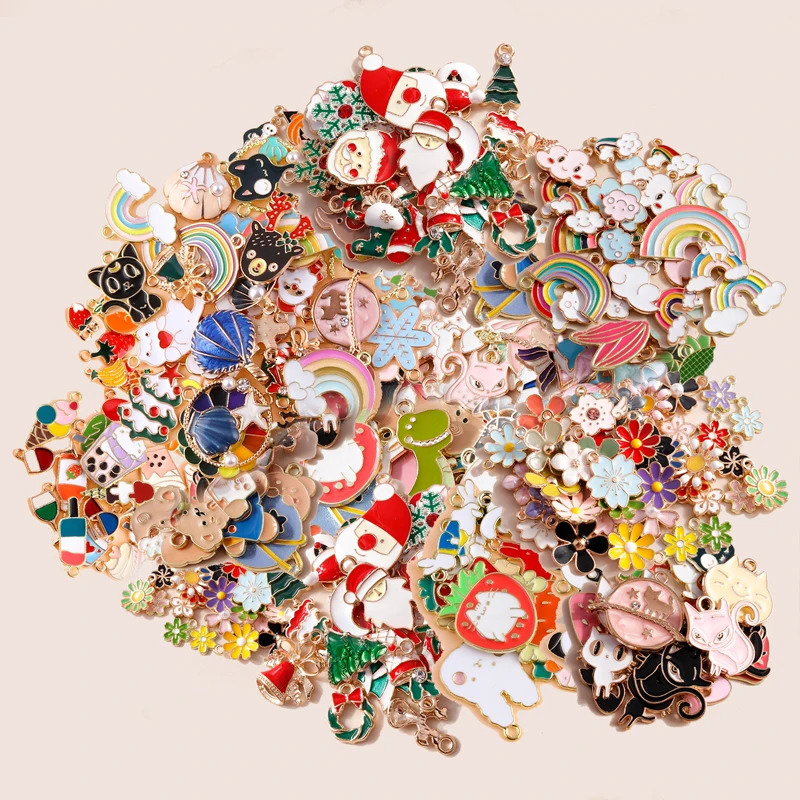 Leslie Bulk Sale 50/100pcs Enamel Cartoon Hearts Animal Charms Flowers Fruits Rainbow Pendants for DIY Jewelry Making Wholesale 250214