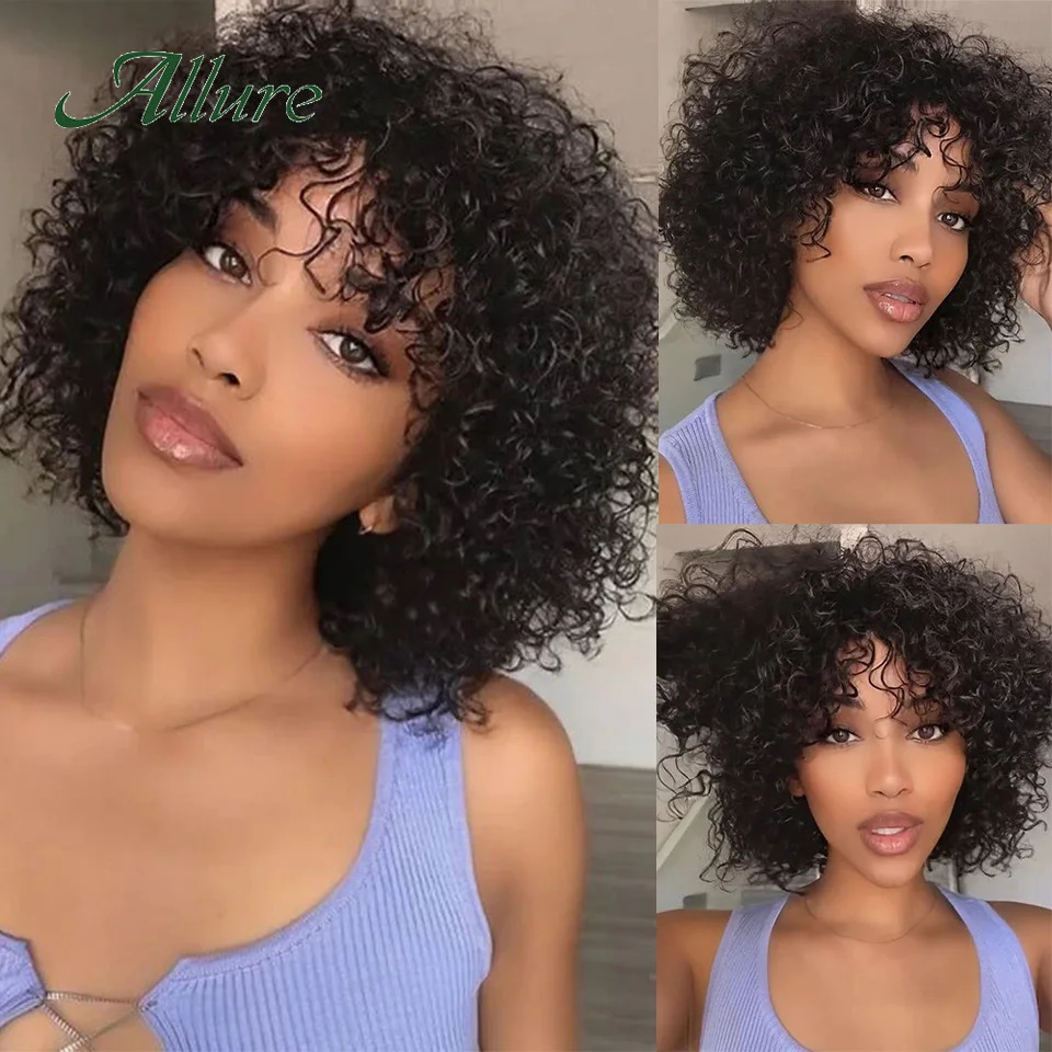 Short Pixie Afro Kinky Curly Wigs for Black Women Glueless Natural Brown Bob Wig With Bangs Brazilian Human Hair Wigs Allure 250210