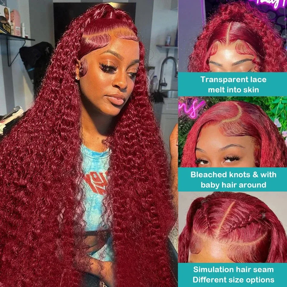 250 Density Malasian 13x4 Curly 99J Burgundy Colored Lace Front Wig 30 40 Inch Deep Wave 360 HD Lace Frontal SimulationHuman Hair Wigs For Women