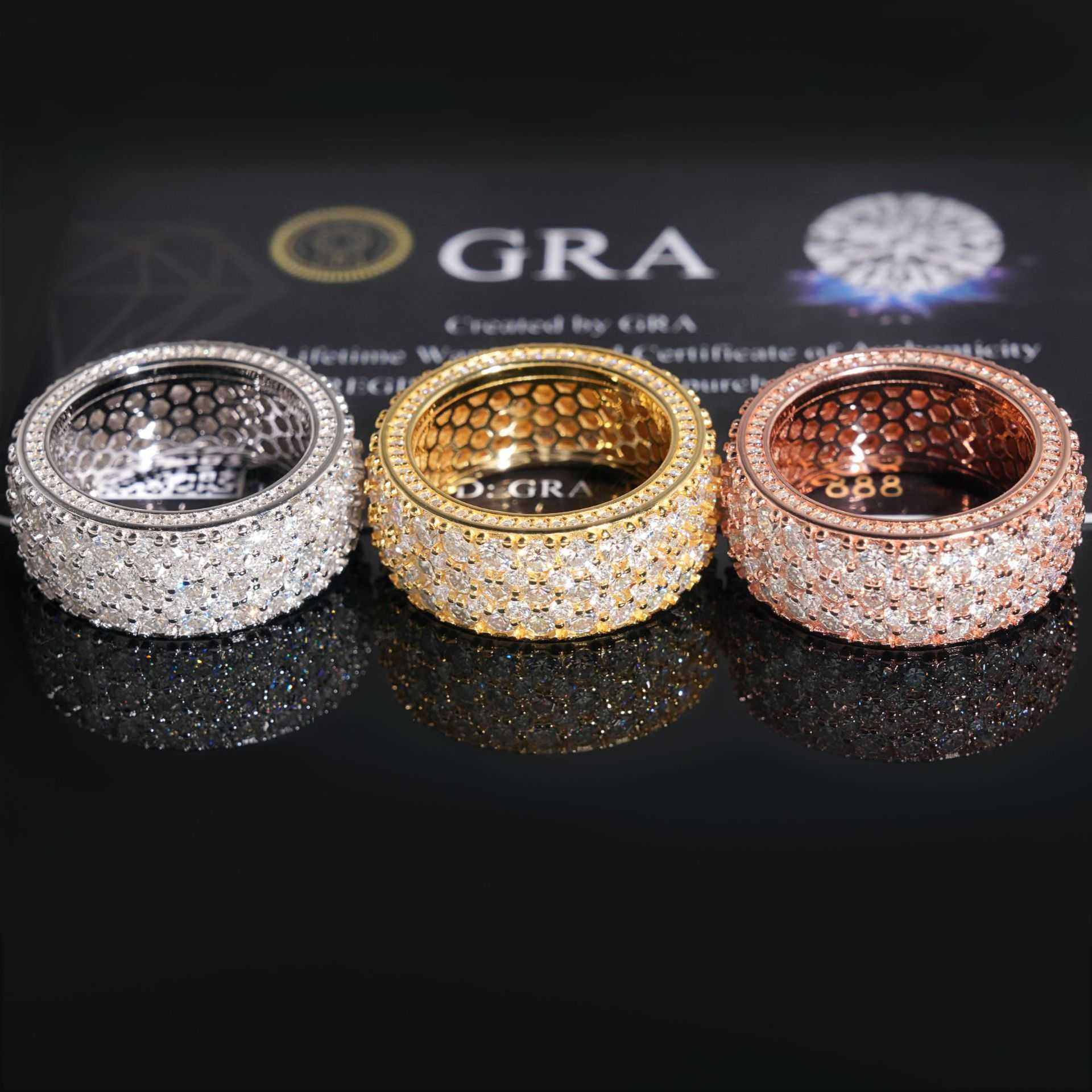 Diamond hair new S925 silver inlaid D-color vvs moissanite ring for men and women three row stone ring