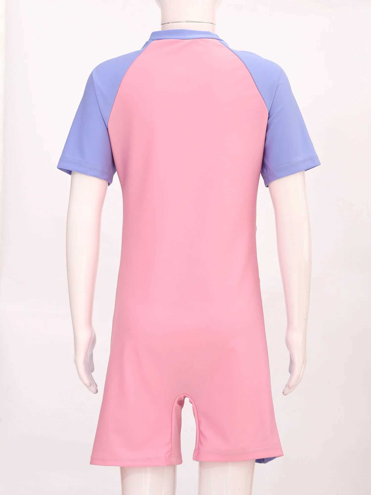 Kids One-piece Swimsuit Short Sleeve Zipper Jumpsuit Surfing Bathing Suit Girls Sport Swimwear Pool Beach Rash Guard Z250214