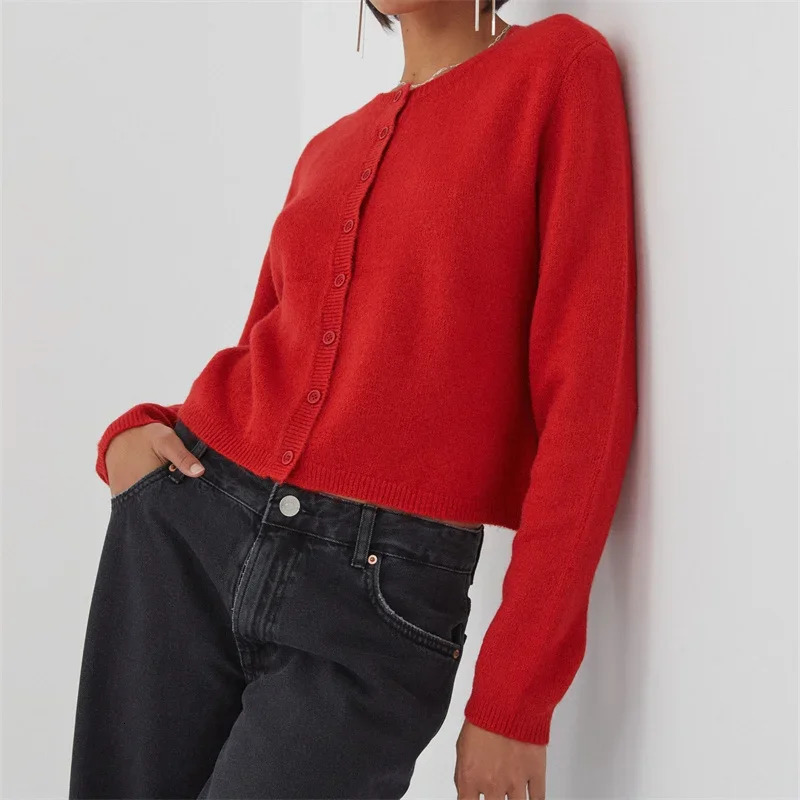 Crochet Knit Cardigans Women Slim Crew Neck Vintage Y2k Long Sleeve Single Breasted Sweaters Autumn Lady Versatile Sweater 250213