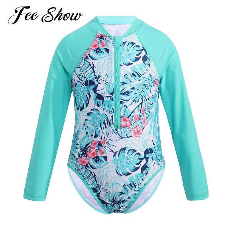 Kids Girls One-piece Swim Suits Brazilian Beachwear Long Sleeves Palm Printed Zippered Swimsuit Swimwear Bathing Suit Rash Guard Z250214