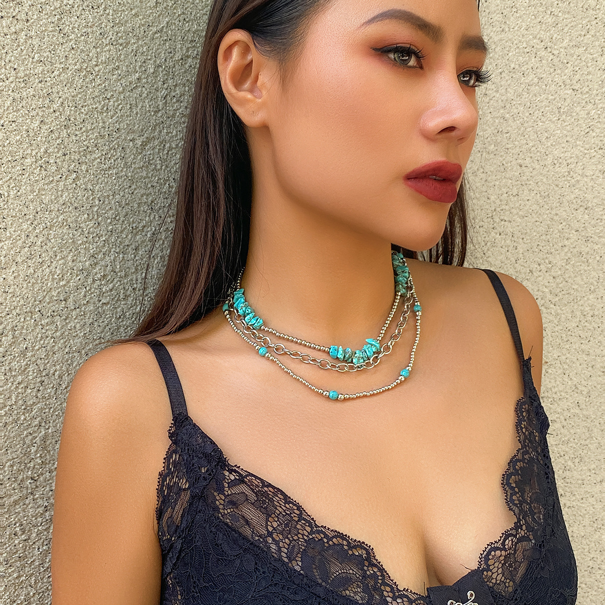 women fashion Jewelry ethnic style cross chain contrasting color collar pattern turquoise set necklace