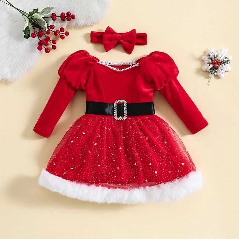 Swee Kids Girl Christmas Dressse Outfit Long Sleeve Stars Patchwork Dress with Bow Headband for Cosplay Par Xmas Clothing Z250214