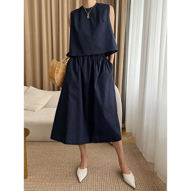 Women's Summer 2 Piece Outfit Vest Tops And Midi Skirt Set 2025 Vacation Cotton Dress