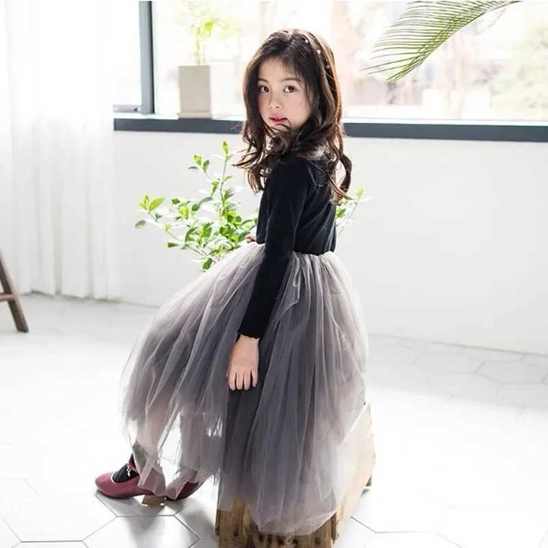 Autumn and Winter Long Sleeved Girls Dress Childrens Fluffy Gauze Skirt Mid To Large Kids Clothing Performance Princess Dress Z250214