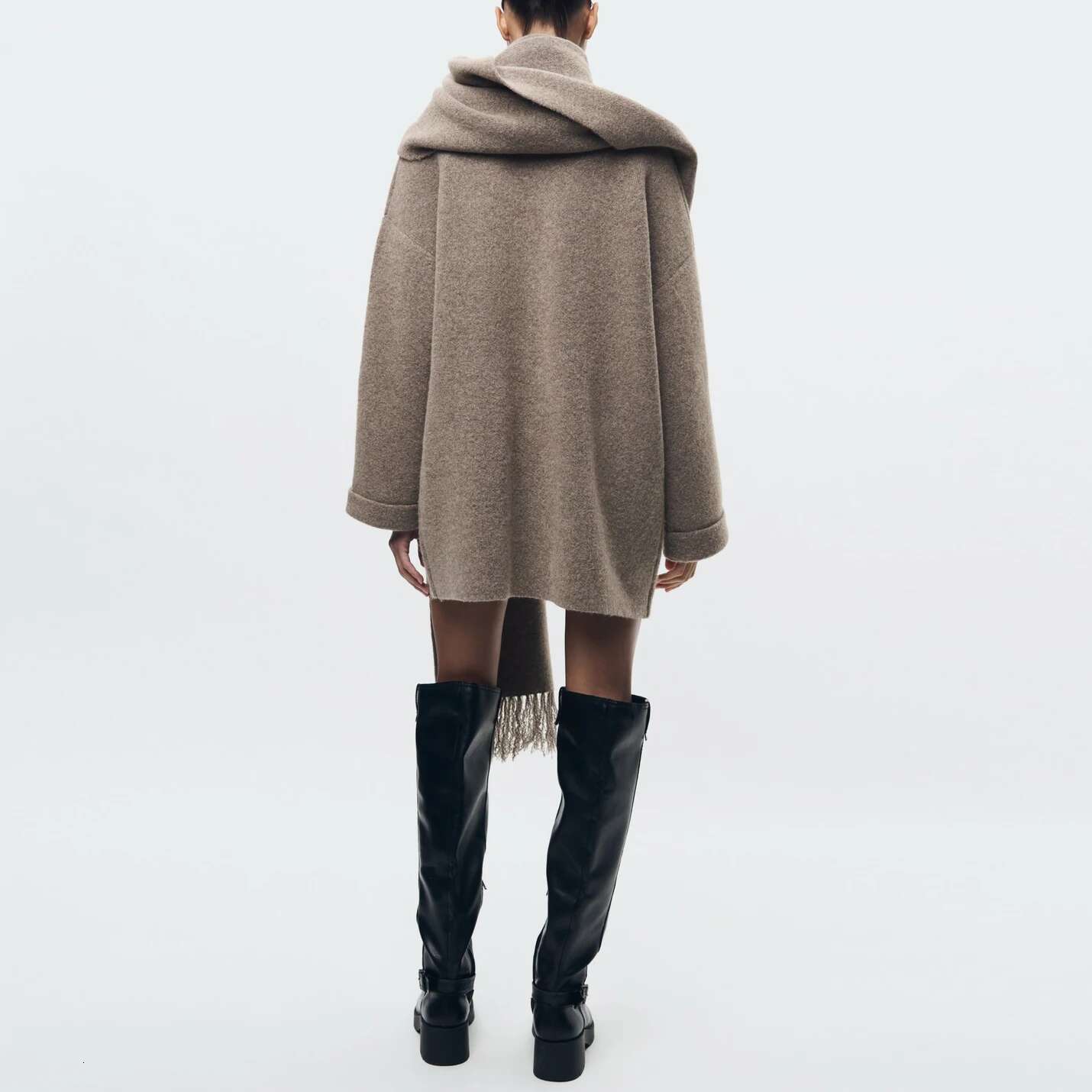 TRAF Knitted Cardigan with Scarf Slim Casual Long Sleeve Patchwork Pocket Jacket Elegant Office Women's Sweater