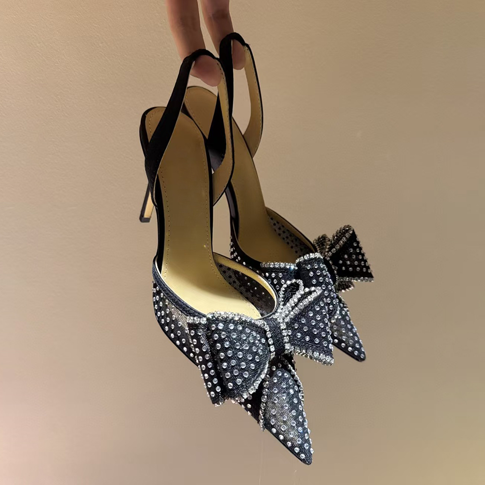 Womens slingbacks sandal Stiletto Heel Dress Shoes Hot pressed crystal lace high heels Silk Bow pointed toe Evening shoes luxury designer high heels