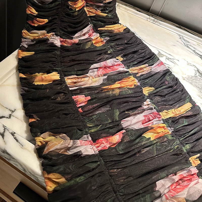 Women's Floral Print Mesh Camisole Dresses Luxury Silk Lining Draped Fit Bodycon Style Back Zipper Midi Length Clothes Designer Elegant Spring Be