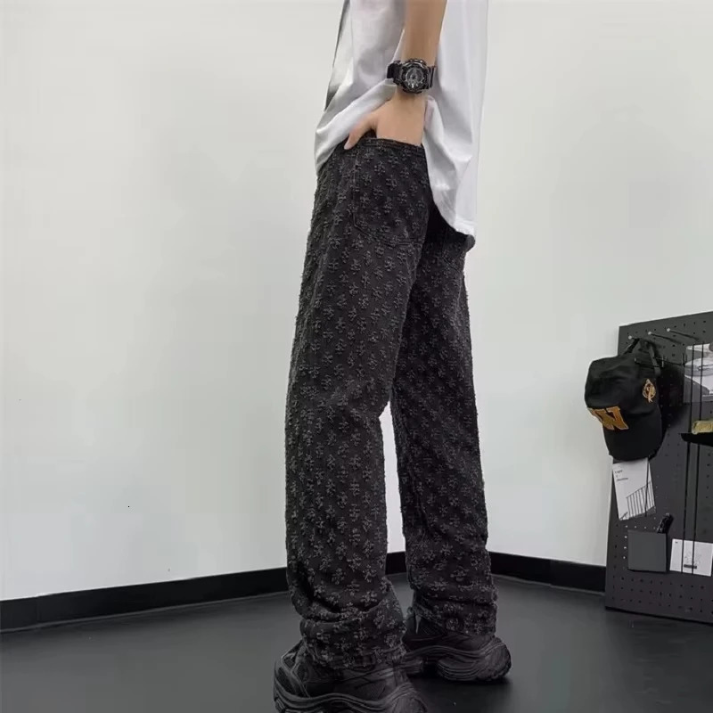 Y2k American High Street Jacquard Full Print Simple Casual High-Grade Jeans Mens n Sense Straight Fashion Loose Pants 250213