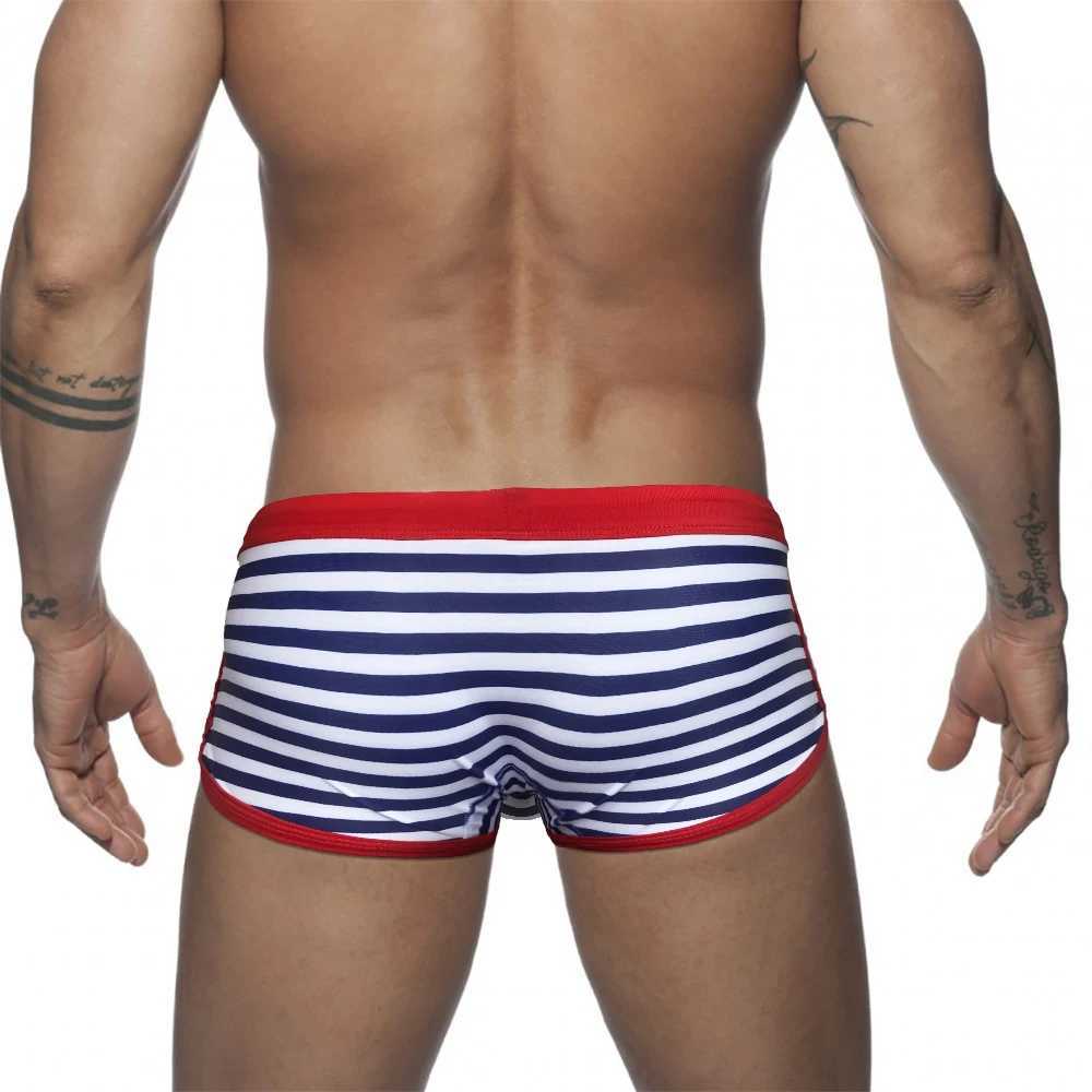 Summer Mens Striped Swimming Trunks Sexy Side Split Bathing Suit Sport Beach Surfing Swimwear Male Quick Dry Pouch Boxer Shorts W250214