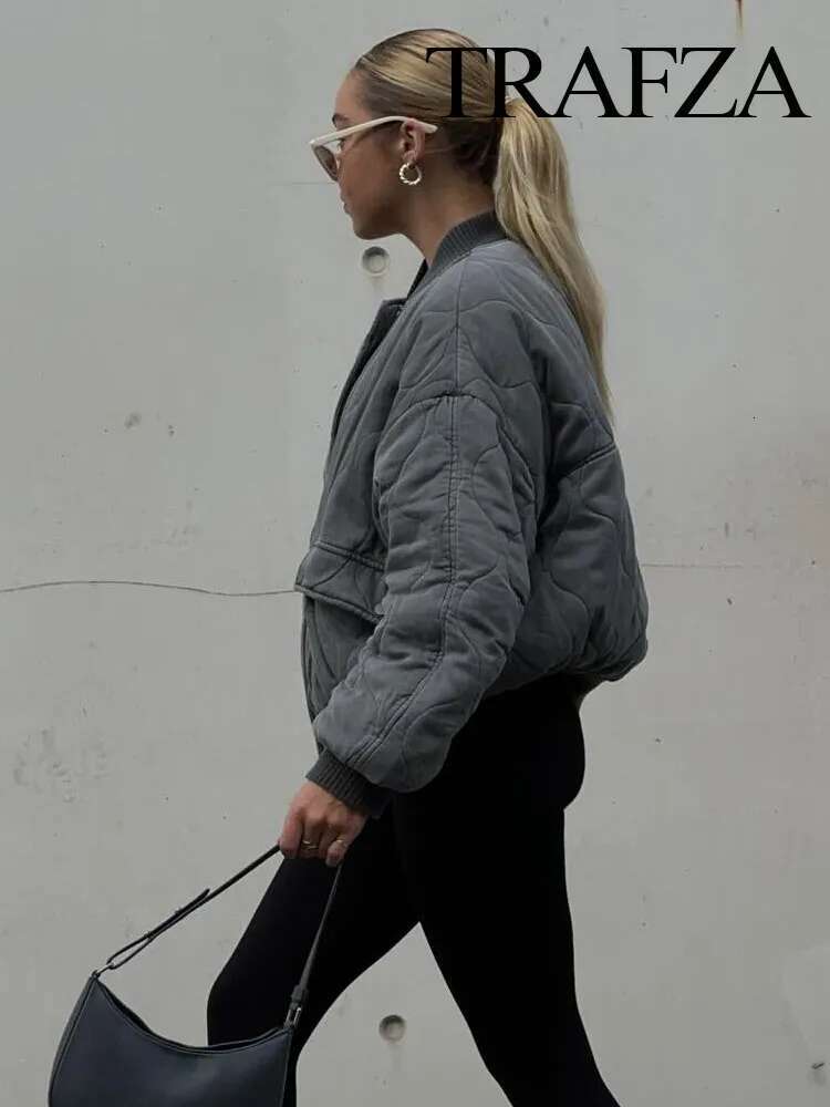 TRAFZA Winter Women's New Fashion Spliced Cotton Clothes Loose Bomber Retro Long Sleeve Woman's Jacket with Pockets