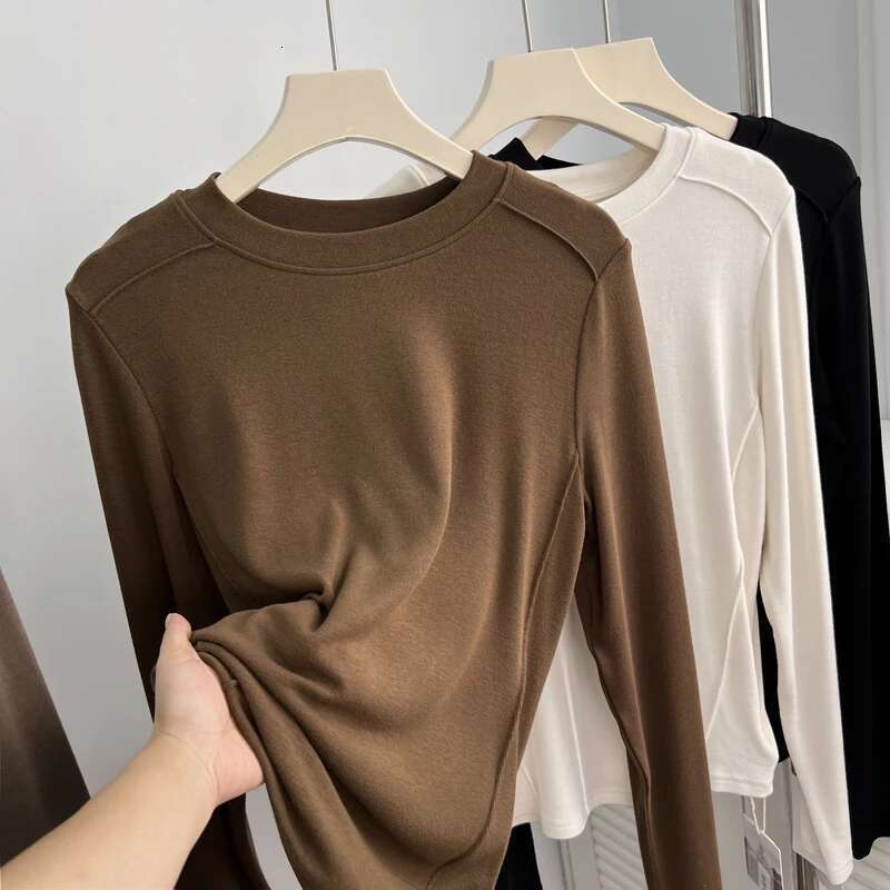 Slim Fit Striped Pit Solid Basic Tops Round Neck Long Sleeved T-Shirt Women's Spring Autumn Inner Layup Bright Thread Tee