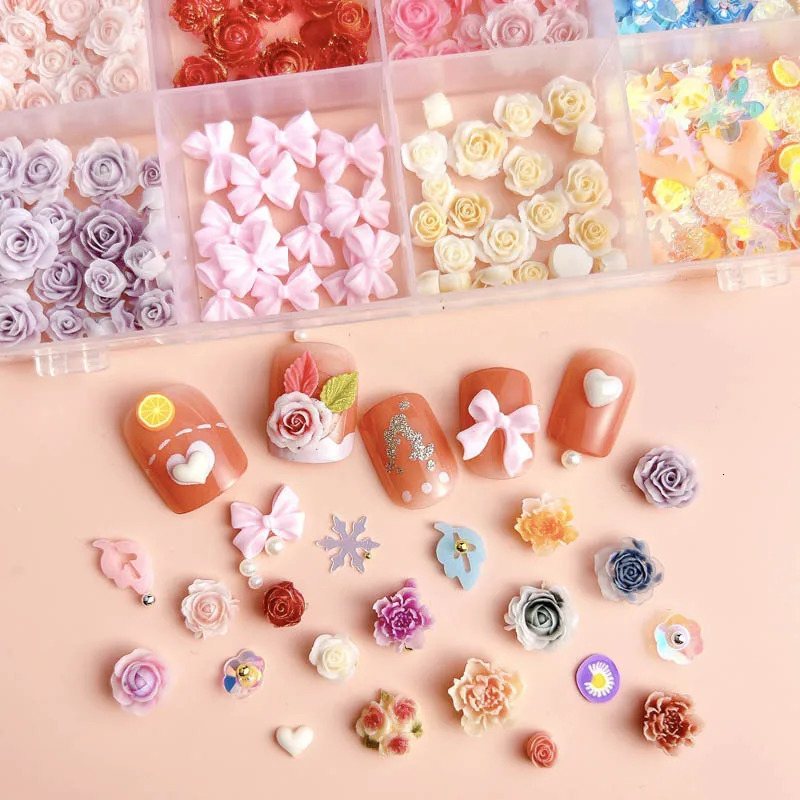 1Box Random Mixed Resin Flowers Nail Charms Love Leaf Pearl Nail Art Decorations Rhinestone DIY Crafts Manicure Accessories 250214