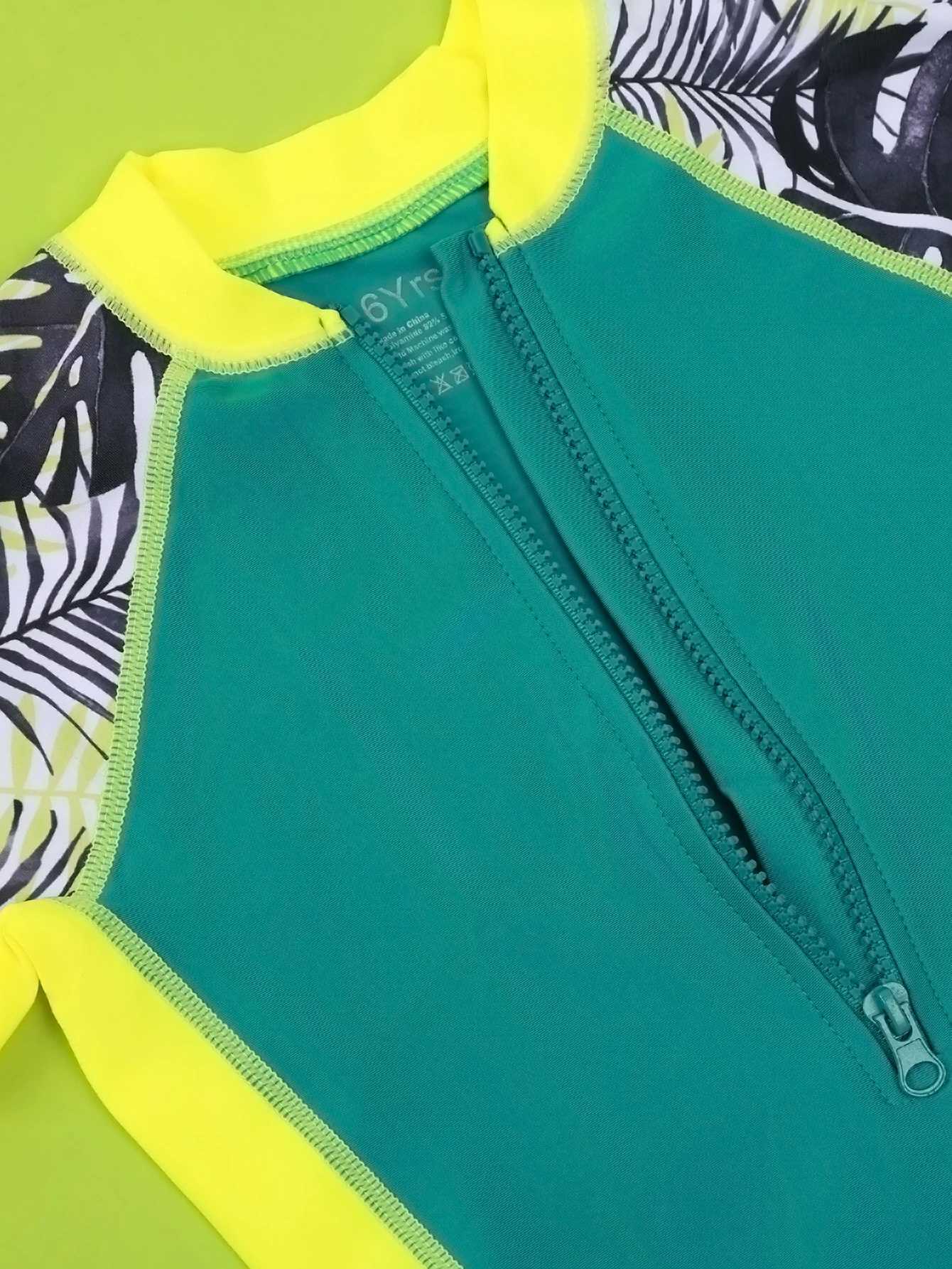 One-Piece Quick Drying Summer Boys Swimwear Children Swimsuits Kid Short Sleeve Sun Protection (including swimming caps) Z250214