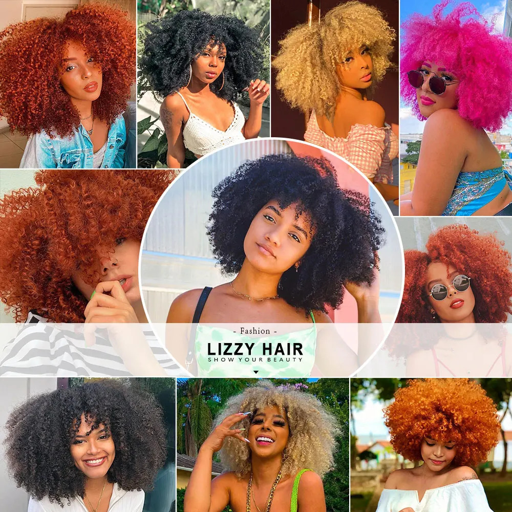 Short Afro Curly Wig With Bangs Synthetic African Fluffy Black Ombre Brown Curly Womens Wigs 250210