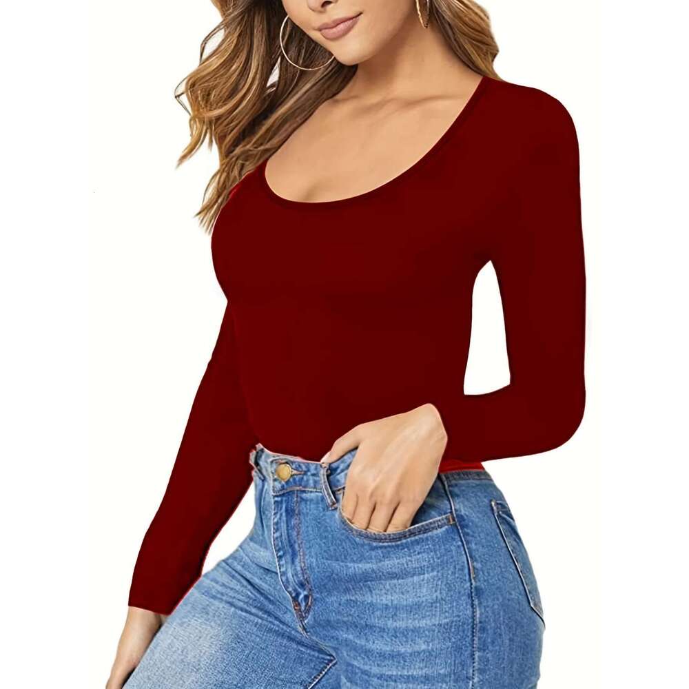 Women Plus Size Scoop Neck Solid Color T-Shirt Casual Spring Autumn Long Sleeve Basic Tee