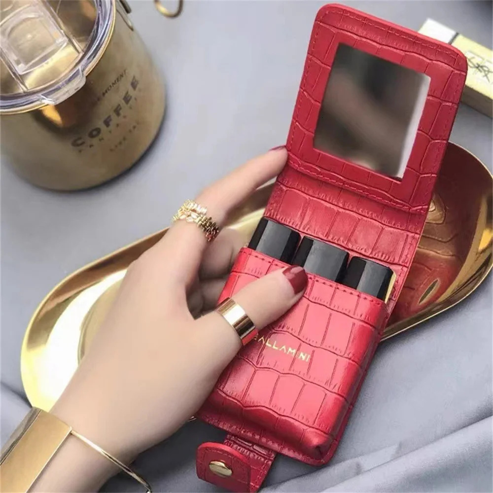 Lipstick Cosmetic Bag with Mirror Women Travel Makeup Bag Pattern Pu Mini Toiletry Organizer Pouch Storage Makeup Case 250207