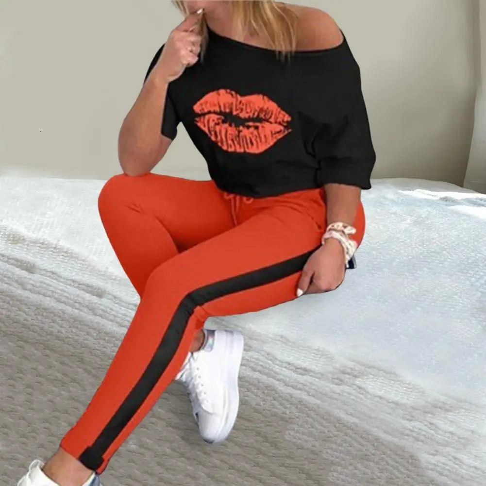2 Pcs/Set Women Top Pants Set Lip Print Sport Tracksuit Casual Sports Elastic Waist Lady T-shirt Trousers Suit Lady Garment 250210