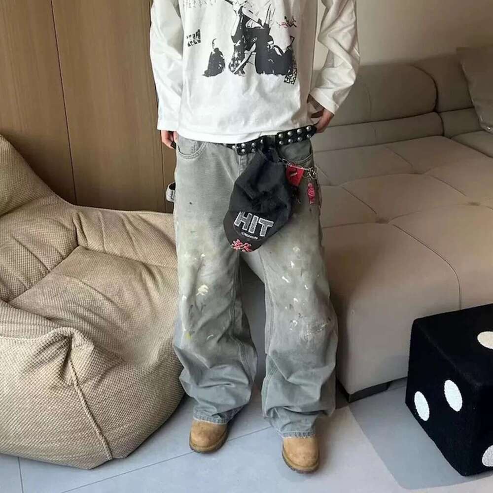 Over Dyed Vintage Ink Splashed Work Pants Mens Streetwear Casual Baggy Cargos Haruku Loose Oversized Trousers