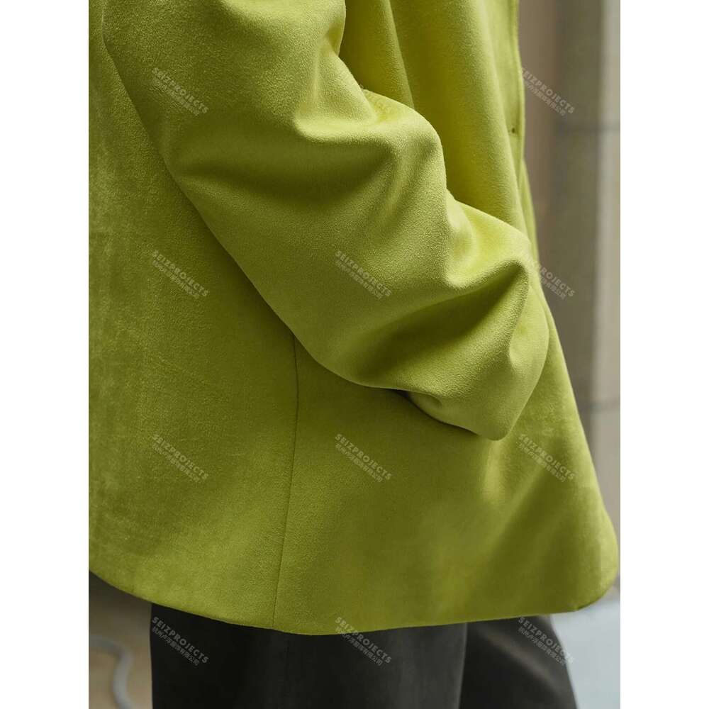 Women's Faux Suede Jacket Fall Winter Curved Pocket Brown Green Coat Loose Straight Blazer For Women