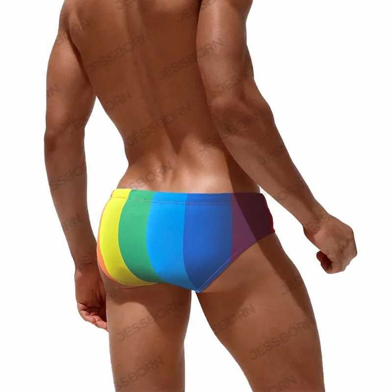 Mens Swimming Trunks Mens Swimsuit Rainbow Coarse Stripes Swim Briefs Quick Drying Beach Shorts Board Surf Bathing Suit Swimwear W250214