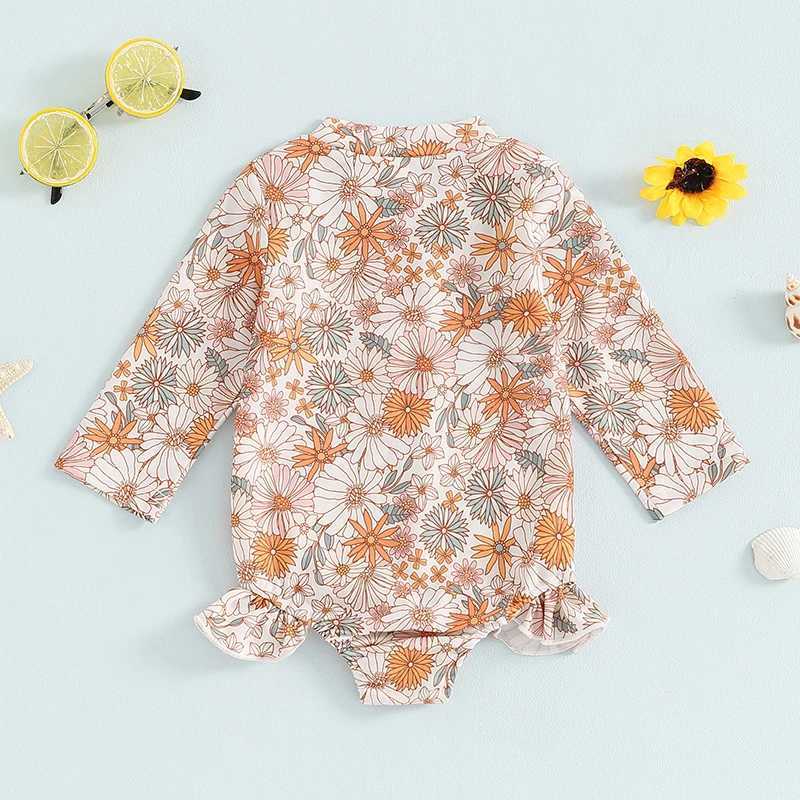 6M-4T Little Girls Swimsuit Chrysanthemum Print Long Sleeve Zipper Rash Guard Bathing Suit Infant Toddler Beachwear Z250214