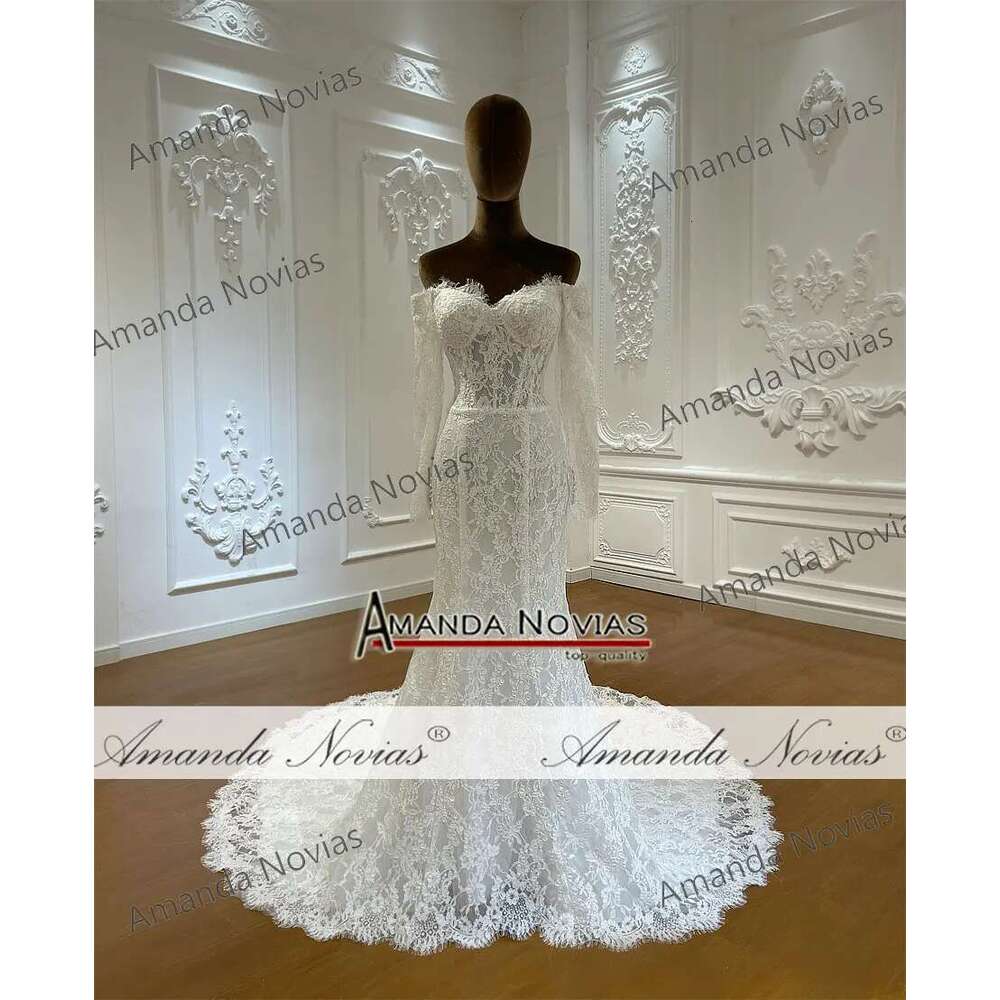 Custom Off Shoulder Long Sleeve Lace Full Belt Skirt Mermaid Wedding Dress
