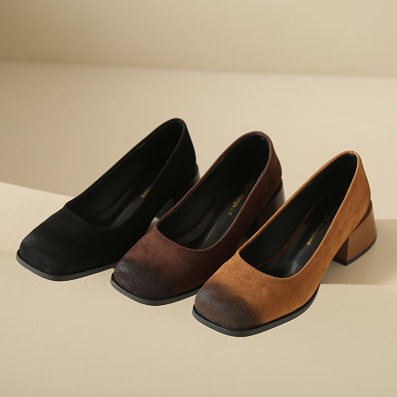 hot Women Dress Shoes Simple Design Versatile Chunky Heel Square Toe Triple Black Brown Yellow Free shipping