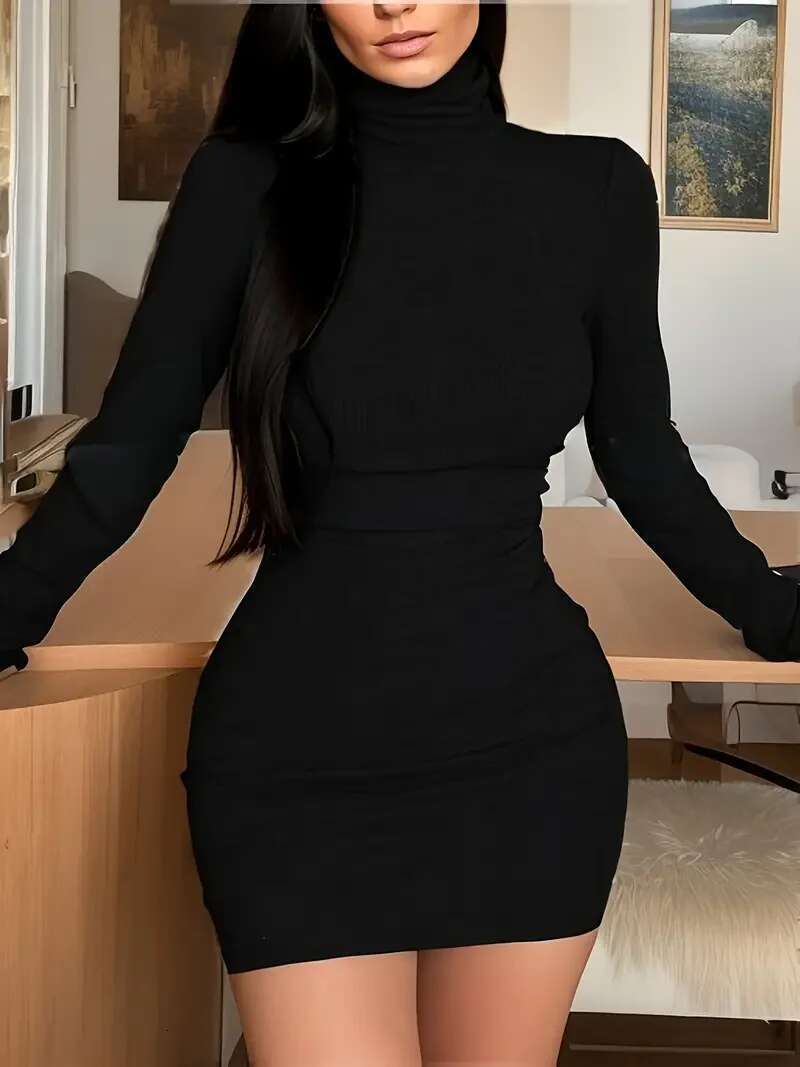 Europe United States With The Latest Spring And Autumn Turtleneck Long Sleeve Tight Bag Hip Temperament Dress