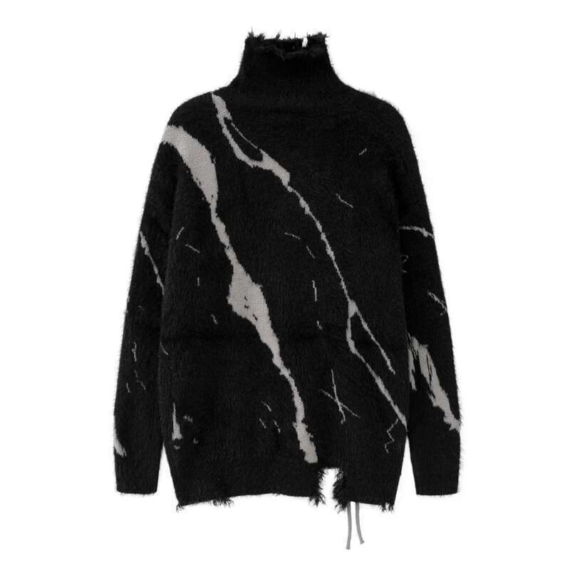 Front Lace Up Tie Dye Frayed Neck Sweaters Men's High Street Retro Casual Oversized Unisex Woolen Clothes Knitted Sweater