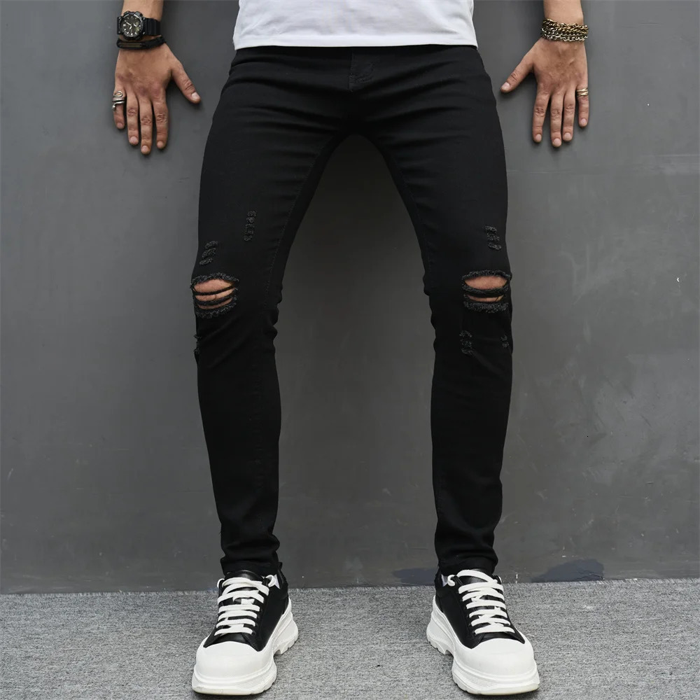 Men Simple Solid Holes High Street Stretch Skinny Jeans Pants Male Distressed Slim Pencil Jogging Denim Trousers 250210
