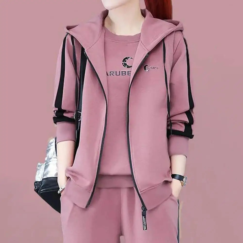 3Pcs Simple Suit Women Sportswear Round Neck Autumn Letter Print Top Vest Pants Zipper Tracksuit Keep Warm 250210