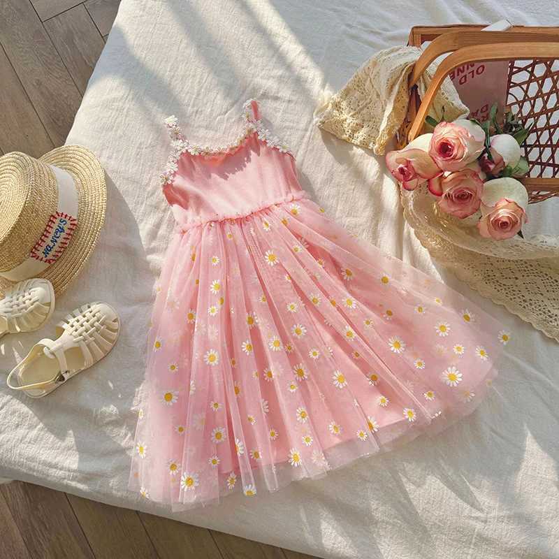Girls Casual Dresses Little Daisy Flower Mesh Dress for Girls Summer Camisole Pompadour Dress Girls Clothes for2 To 7 Years Z250214