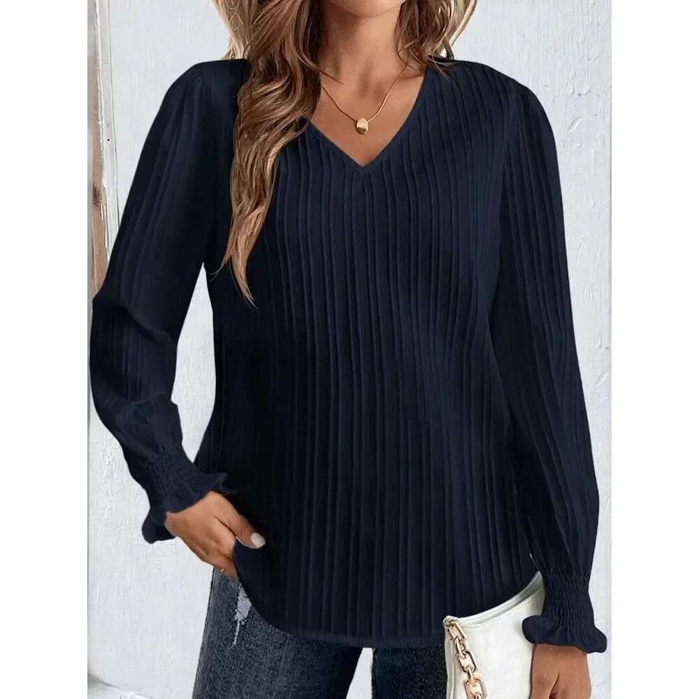 Women's Spring And Autumn Plus Size 1Xl-5Xl Casual Ladies Fashion Solid Color Ribbed Lantern Sleeves V-Neck T-Shirt