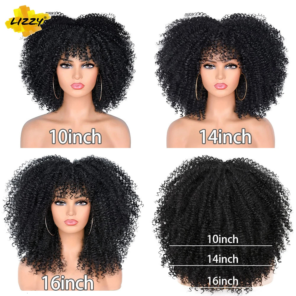 Short Afro Curly Wig With Bangs Synthetic African Fluffy Black Ombre Brown Curly Womens Wigs 250210