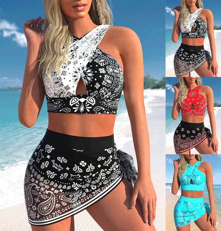 Summer Beach Womens Bikini Two Piece Swimming Suit Water Drop Print Cross Tie Beach Suit S-6XL 250210